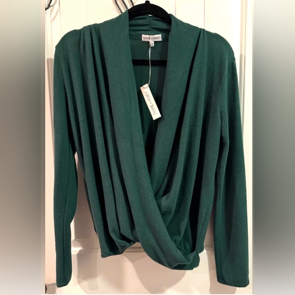 NWT- Thyme & Honey  Deep Green V-Neck Drape Women's Sweater